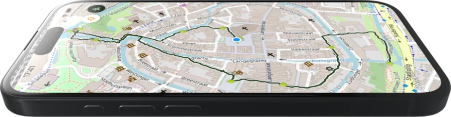 De kaart in de app, met de route door de binnenstad en de stops erop